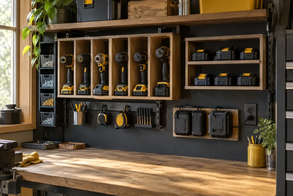 Wall-mounted storage for cordless drills, batteries, and chargers above a workbench