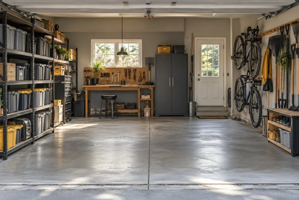 Organized two-car garage with wall storage, shelving, bicycles, and a clear floor