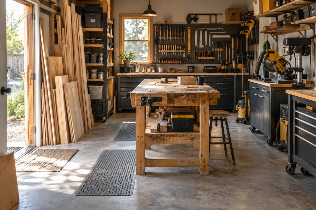 Compact home workshop arranged into practical work and tool-storage zones
